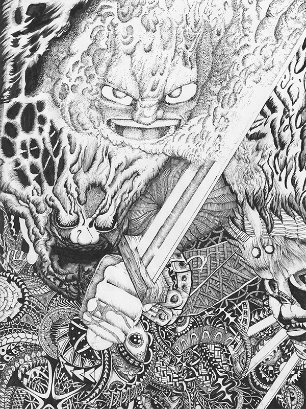 Ink drawing of the “Sword that Sings,” held by the Hand of Doom.